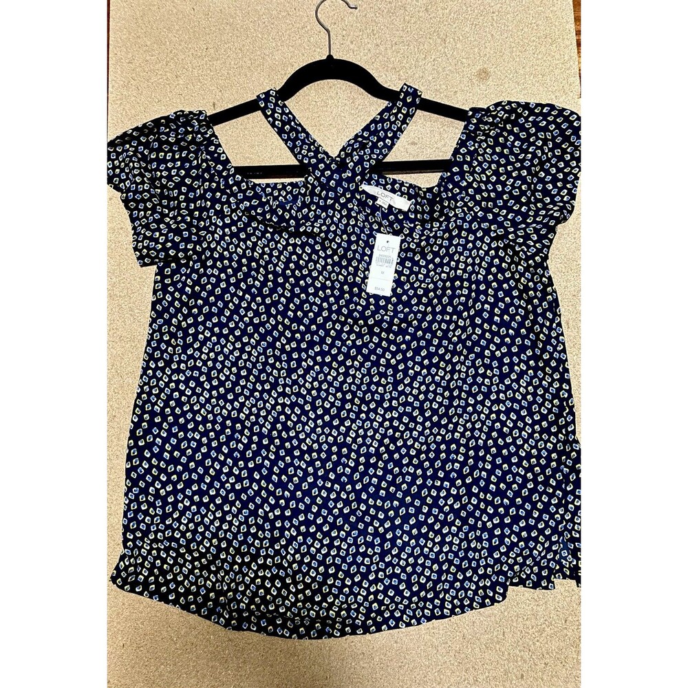 Loft M Women's Navy & Yellow Cold Shoulder Flutter Short Sleeve Blouse Top